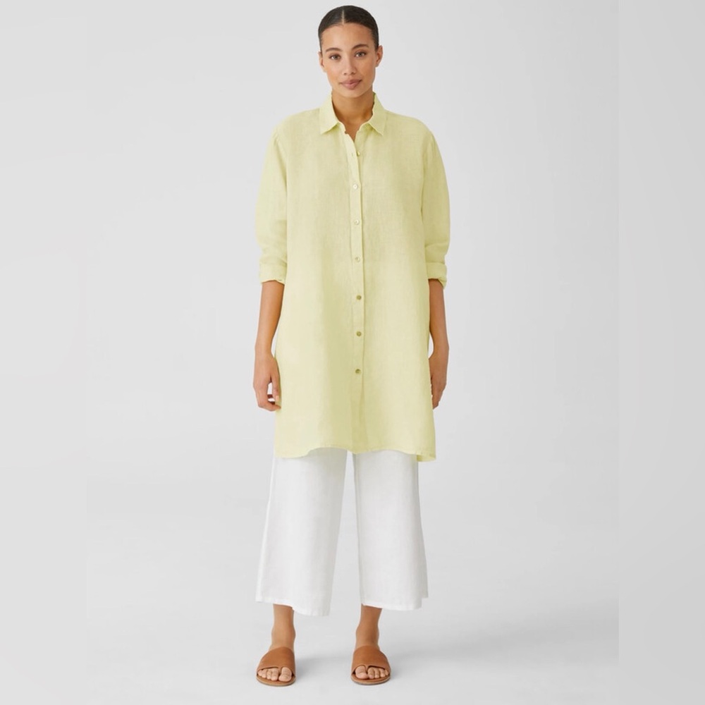 Eileen Fisher Light Yellow Button-Up Organic Linen Long Shirt